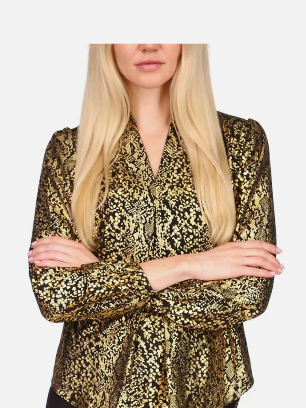 MICHAEL Michael Kors Black and Gold Metallic Printed Blouse